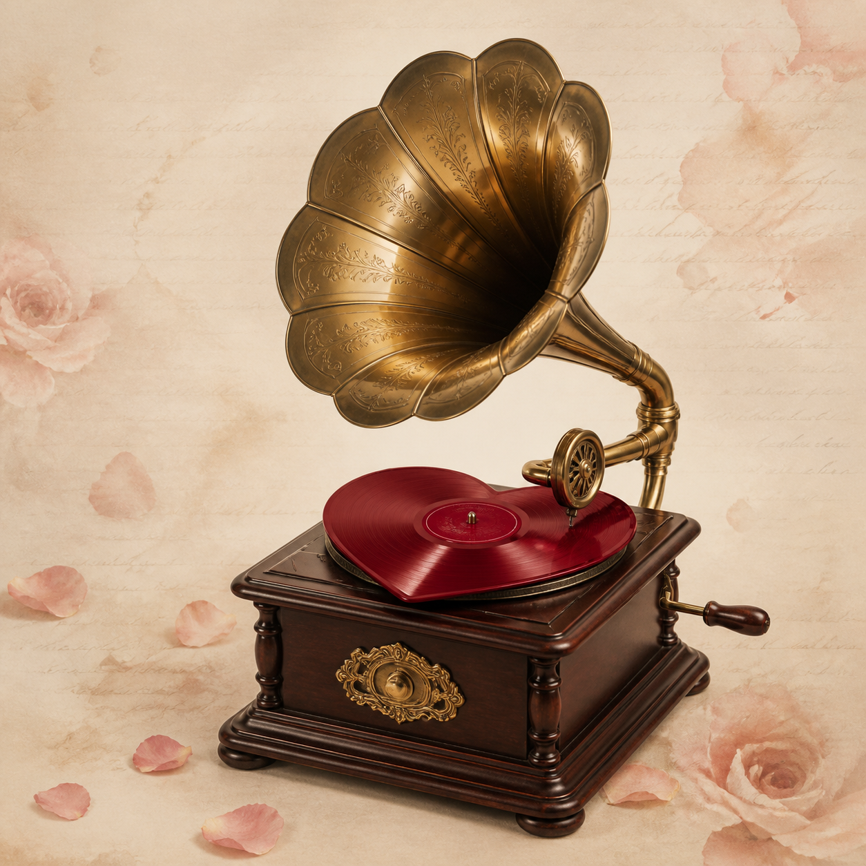 Vitrola vintage com vinil em formato de coração vermelho